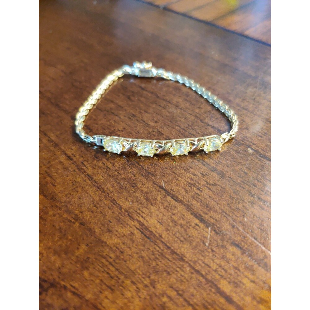 925 Taiwan Sterling Silver Gold Tone Rhinestone Tennis Bracelet 7-3/8"